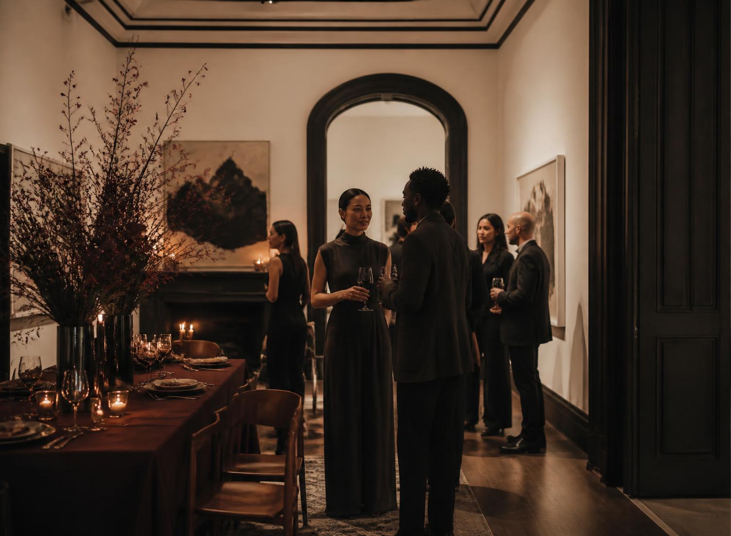 An elegant private gathering in an intimate gallery setting